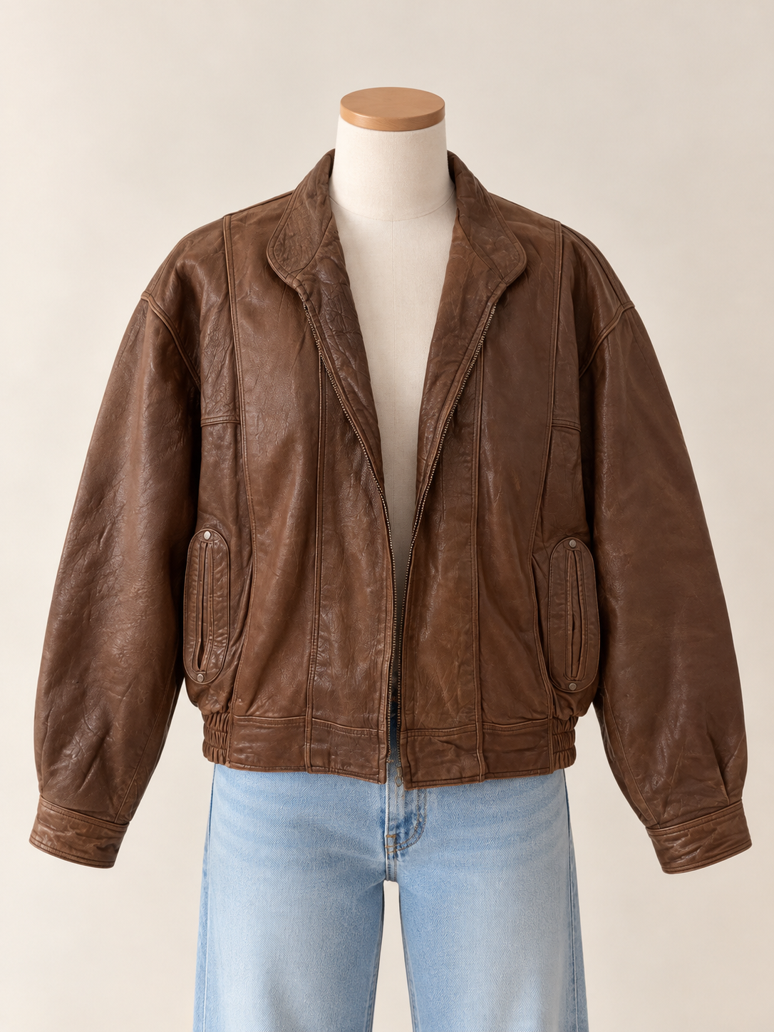 Manteau en cuir véritable vintage - Large